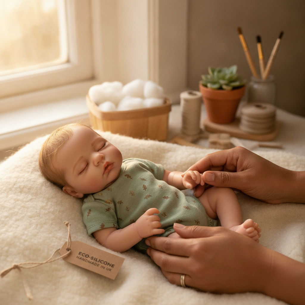 Conceptual image of an eco-friendly reborn doll with sustainable silicone materials and natural elements, representing ethical artistry in the United Kingdom.
