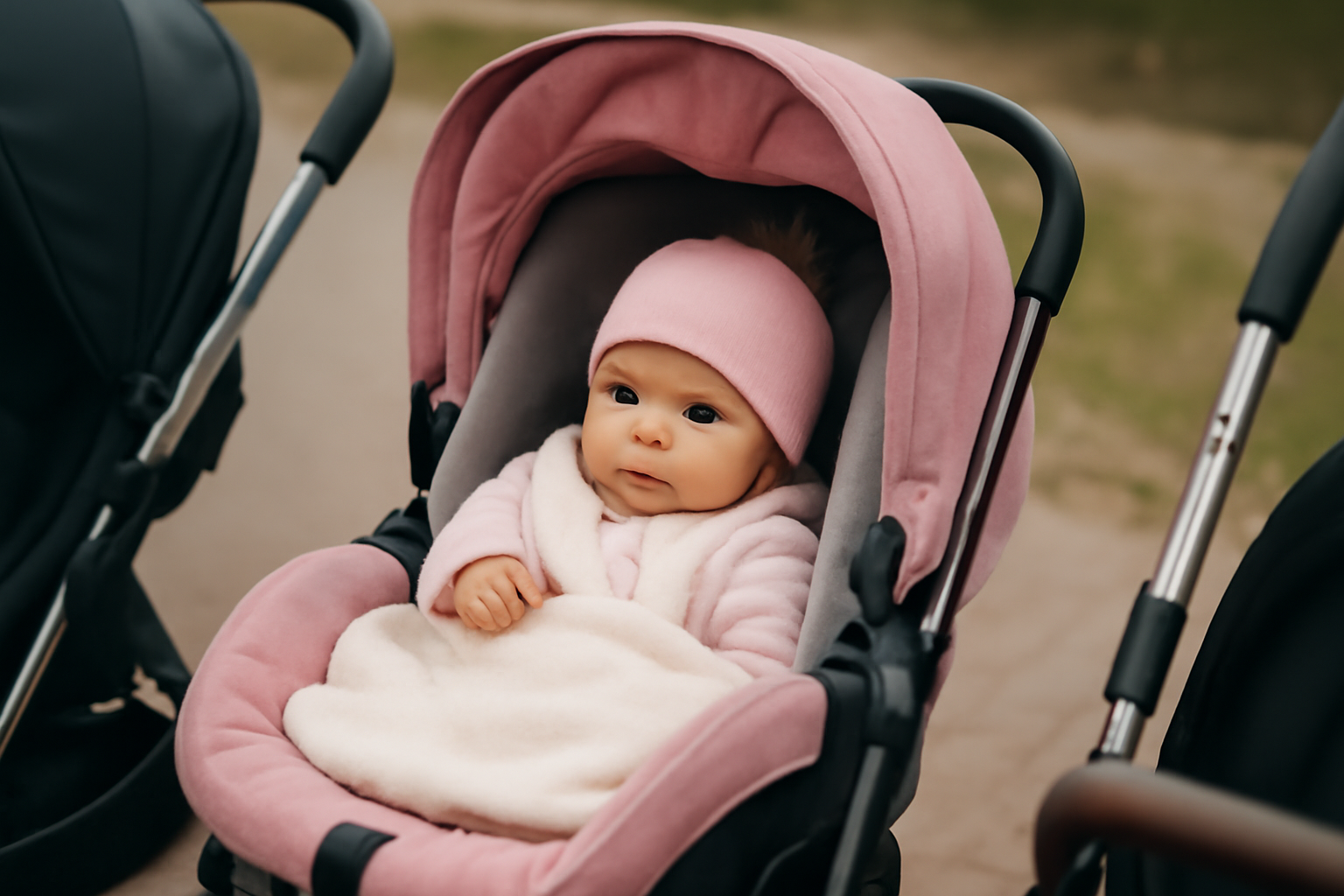 A realistic reborn doll comfortably nestled in a high-quality pram, ready for a stroll in the UK.